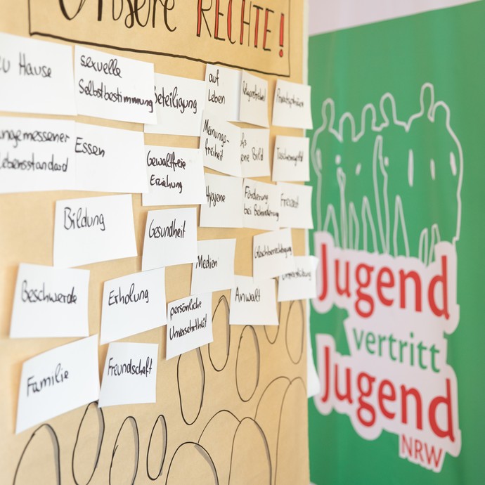 Das Bild zeigt ein Plakat mit Schlagwörtern zu den Kinderrechten und ein Roll-up von Jugend vertritt Jugend (vergrößerte Bildansicht wird geöffnet)