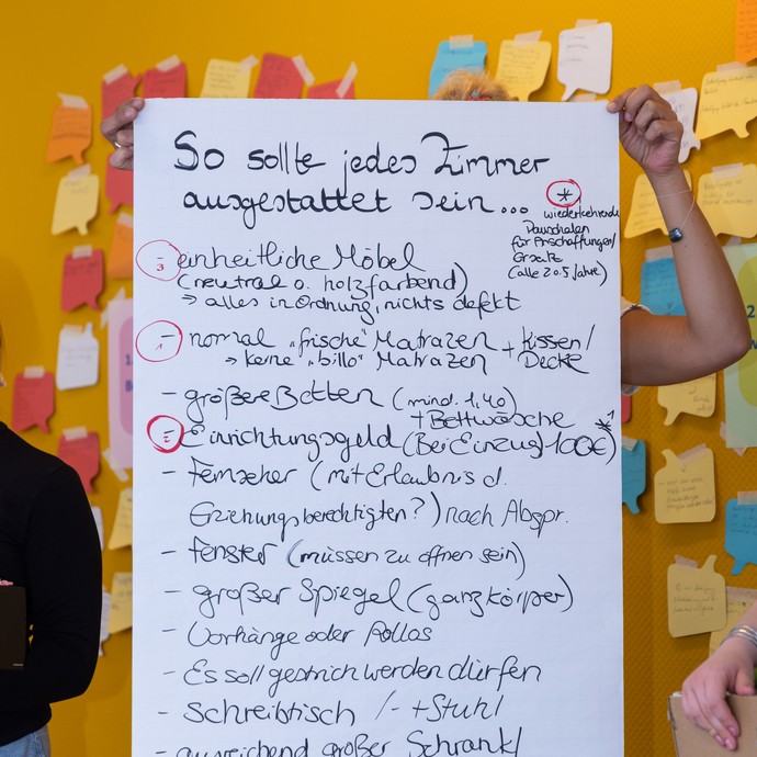 Ein junger Mensch hält auf der Bühne ein Plakat mit dem Titel "So sollte jedes Zimmer ausgestattet sein..." (vergrößerte Bildansicht wird geöffnet)