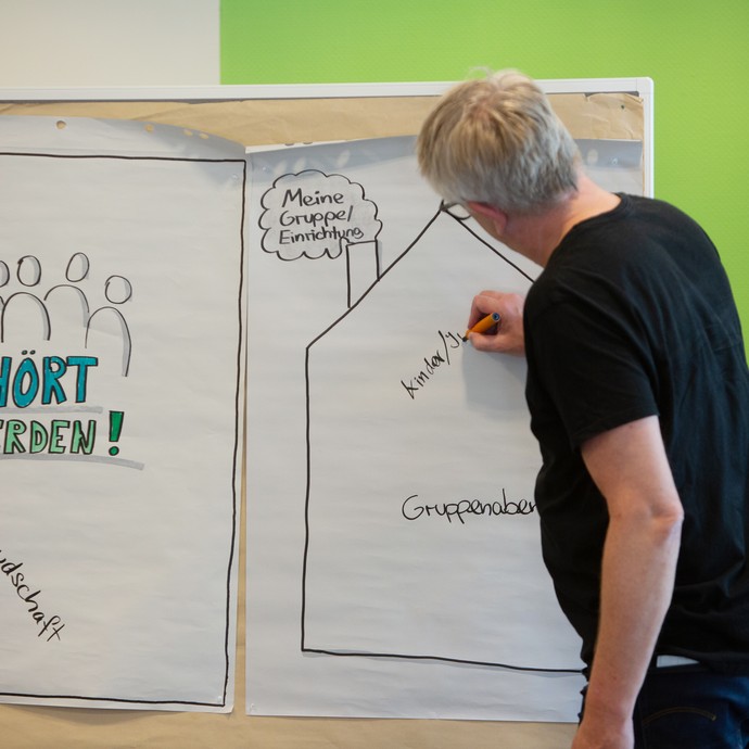Das Bild zeigt einen Mann, der etwas auf ein Plakat schreibt (vergrößerte Bildansicht wird geöffnet)