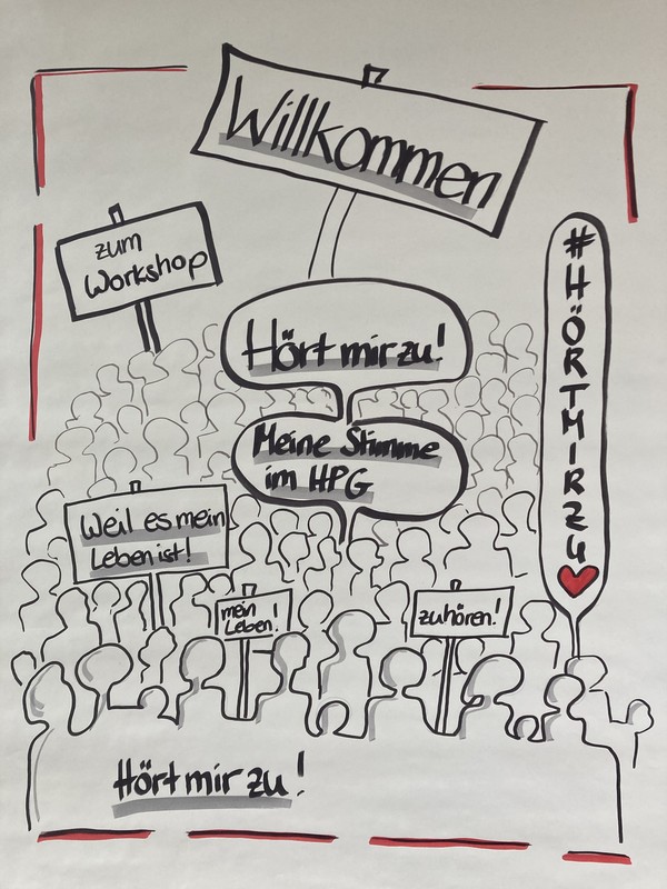 Flipchartpapier, das demonstrierende Menschen zeigt, die Plakate mit der Aufschrift "Hört mir zu" und "Es ist mein Leben" in der Hand halten.