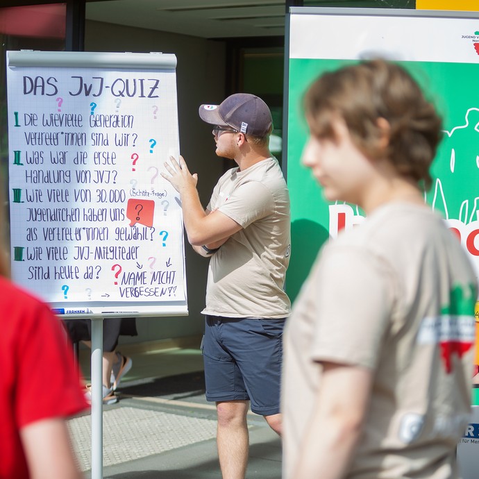 Das Bild zeigt eine Person, die auf ein Flipchart zeigt (vergrößerte Bildansicht wird geöffnet)