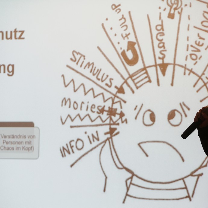 Das Bild zeigt eine Person mit einem Mikrofon in der Hand, die vor einer Präsentation steht, die mit Beamer an die Wand geworfen wird (vergrößerte Bildansicht wird geöffnet)